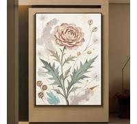 LCDIUDIU Peinture À L'Huile Botanique Texturée Peinte À La Main, Représentant Une Rose Blush, Des Feuilles Turquoise Et Des Gousses De Graines Séchées, Sans Cadre, 90 X 130 cm (36 X 52 Pouces)