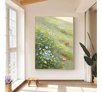 LCDIUDIU Peinture À L'Huile Peinte À La Main Représentant Une Prairie de Fleurs Sauvages Bleues Sur Une Colline, Toile Sans Cadre, Paysage Printanier Champêtre, Décoration Murale Florale Verte