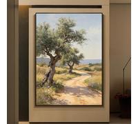 LCDIUDIU Peinture À L'Huile Texturée Peinte À La Main Représentant Un Chemin De Campagne Méditerranéen Avec Des Oliviers, Sans Cadre, Sur Toile, 90 X 130 cm (36 X 52 Pouces), Décor Mural Rust