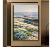LCDIUDIU Peinture À L'Huile Texturée Peinte La Main, Paysage Marin, Sans Cadre, Côte Rocheuse, Succulentes Côtières, Lever de Soleil, Toile, Art Mural, Paysage de Bord Mer, Décoration Murale p