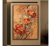 LCDIUDIU Peinture À L'Huile Texturée Vintage Rouge, Peinte À La Main, Sur Fond Orange Chaud, Représentant Des Fleurs Épanouies. Décoration Murale Rustique Mi Siècle, 150 X 220 cm (60 X 88 Pou