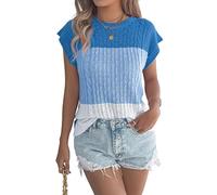 LCDIUDIU Pull sans Manches en Maille pour Femme, Bleu, Col Rond, Rayures Torsadées, Manches Courtes, Léger, Coupe Ample, Idéal pour L'Été Et La Plage, Taille M.