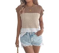 LCDIUDIU Pull sans Manches en Maille pour Femme, Bleu, Col Rond, Rayures Torsadées, Manches Courtes, Léger, Coupe Ample, Idéal pour L'Été Et La Plage. Taille L (Kaki).