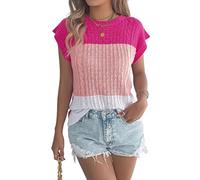 LCDIUDIU Pull sans Manches en Maille pour Femme, Bleu, Col Rond, Rayures Torsadées, Manches Courtes, Léger, Coupe Ample, Idéal pour L'Été Et La Plage, Rose, Taille S
