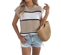 LCDIUDIU Pull sans Manches en Maille pour Femme, Kaki, Col Rond, Rayures Colorées, Manches Courtes, Léger, Coupe Ample, Idéal pour L'Été Et La Plage, Taille XL.