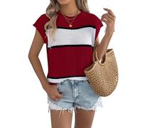 LCDIUDIU Pull sans Manches en Maille pour Femme, Kaki, Col Rond, Rayures Colorées, Manches Courtes, Léger, Coupe Ample, Idéal pour L'Été Et La Plage, Rouge Foncé, Taille L.