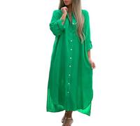 LCDIUDIU Robe Chemise Maxi Décontractée pour Femme, en Lin Et Coton Uni, Manches Longues Retroussées, Boutons Et Poches, Coupe Ample, Idéale pour L'Été Et Les Vacances À La Plage. Vert