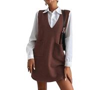 LCDIUDIU Robe Gilet en Maille pour Femme, Pull Over Noir À Col V, Robe Salopette Décontractée Et Chaude, Mi Longue, Marron, Taille L.