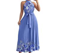 LCDIUDIU Robe Longue Maxi D'Été pour Femme,Col Halter,Imprimé Floral,sans Manches,Épaules Dénudées,Coupe Trapèze Fluide Et Élégante,avec Ceinture,Idéale pour Un Mariage,Une Fête Ou des Va
