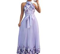 LCDIUDIU Robe Longue Maxi D'Été pour Femme,Col Halter,Imprimé Floral,sans Manches,Épaules Dénudées,Coupe Trapèze Fluide Et Élégante,avec Ceinture,Idéale pour Un Mariage,Une Fête Ou des Va