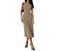 LCDIUDIU Robe Longue Rayée en Maille pour Femme, Col Rond, Manches Courtes, Moulante, Style Pull, Élégante Et Décontractée, Idéale pour L'Été, Le Bureau Ou Les Vacances À La Plage. Marron,