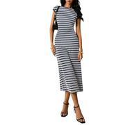 LCDIUDIU Robe Longue Rayée en Maille pour Femme, Col Rond, Manches Courtes, Moulante, Style Pull, Élégante Et Décontractée, Idéale pour L'Été, Le Bureau Ou Les Vacances À La Plage. Bleu, Ta