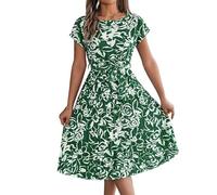 LCDIUDIU Robe Midi Plissée À Fleurs pour Femme, Col Rond, Manches Courtes, Ceinture, Coupe Trapèze, Fluide, Élégante, Longueur Genou, Idéale pour L'Été, Le Travail Ou Un Mariage. Vert, Taill