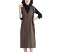 LCDIUDIU Robe Pull Longue en Maille pour Femme, Marron, Col V, Gilet sans Manches, Robe Salopette, Automne Hiver, Style Décontracté, Élégante, Maille, Mi Longue, Salopette sans Manches Marron, T