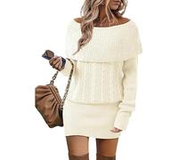 LCDIUDIU Robe Pull Mini en Maille Torsadée À Épaules Dénudées Et Col Rabattu pour Femme, Manches Longues, Moulante, Idéale pour Une Soirée d'automne Ou d'hiver. Douce, Épaisse Et Chaude