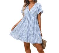 LCDIUDIU Robe Vichy pour Femme, Col V, Manches Courtes Retroussées, Coupe Trapèze Fluide, Mini Robe D'Été Décontractée, Style Babydoll, Idéale pour La Plage, Les Vacances Ou Une Soirée Au Qu