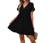 LCDIUDIU Robe Vichy pour Femme, Robe Courte Fluide À Col V Et Manches Retroussées, Coupe Trapèze, Idéale pour L'Été, Les Vacances La Plage Ou Une Soirée. Parfaite pour La Plage Ou Une Sortie