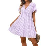 LCDIUDIU Robe Vichy pour Femme, Robe Courte Fluide À Col V Et Manches Retroussées, Coupe Trapèze, Style Babydoll, Idéale pour L'Été, Les Vacances La Plage, Les Soirées Le Quotidien. Violet,