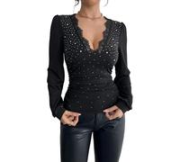 LCDIUDIU Schwarze Damenbluse mit Tiefem V Ausschnitt, Einfarbig, mit Strassbesatz, Figurbetont, Dehnbar, Langärmelig, Elegant, Rüschenbluse für Dates, Größe L