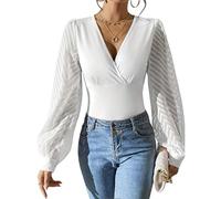 LCDIUDIU Sexy Damen Spitzentop mit V Ausschnitt, Durchsichtiger Mesh Bluse mit Langen Ärmeln, Figurbetonter Wickelbluse, Stylischem Slim Fit Tunika T Shirt für Alltag, Dates Und Partys, Weiß, GR