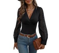 LCDIUDIU Sexy Damen Spitzentop mit V Ausschnitt, Durchsichtiger Mesh Bluse mit Langen Ärmeln, Figurbetonter Wickelbluse, Stylischem Slim Fit Tunika T Shirt für Alltag, Dates Und Partys, Schwarz, G