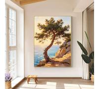 LCDIUDIU Tableau À L'Huile Peint À La Main Représentant Un Arbre de Vie Côtier, Sans Cadre, Avec Une Texture de Falaise Et Un Coucher de Soleil Sur La Mer. Décoration Murale Sur Toile pour Salo