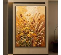 LCDIUDIU Tableau À L'Huile Texturé Peint À La Main Représentant Du Blé Doré Et Des Fleurs Sauvages, Sans Cadre, Art Mural Rustique Automnal Sur Toile, Décoration Murale De Style Ferme Vintage