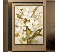 LCDIUDIU Tableau À L'Huile Texturé, Style Crème, Peint À La Main, Représentant Des Fleurs Sauvages Blanches Et Un Feuillage Vert, Sans Cadre, Sur Toile. Décoration Murale pour Salon, Entrée,