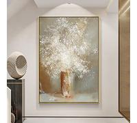 LCDIUDIU Tableau De Peinture sur Toile, Vintage White Texture Edelweiss Plant Abstract Modern Original Peint À La Main Peintures À l'huile sur Toile pour Famille Mur Salon Salle À Manger Home Art Dec