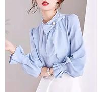 LCDIUDIU Top Femme Chic Et Élégant,Chemisier Femme Chemise À Manches Longues Bleu Mousseline De Soie Plaine Demi Col Roulé Côté Arc Manches Bouffantes Tops Casual Élégant Chemisier Bureau Mode Chemis