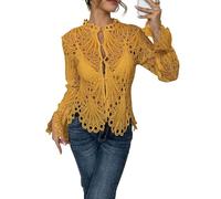 LCDIUDIU Transparente, Sexy Damenbluse Aus Spitze, Einfarbig, Rundhalsausschnitt, Crop Top mit Lochspitze Im Y2K Stil, Lange Ärmel, Geknöpft, Lässig Schlank, Elegant, für Partys, Clubs Und Karne