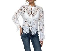 LCDIUDIU Transparente, Sexy Damenbluse Aus Spitze, Einfarbig, Rundhalsausschnitt, Crop Top mit Lochspitze Im Y2K Stil, Lange Ärmel, Geknöpft, Lässig Schlank, Elegant, für Partys, Clubs Und Karne