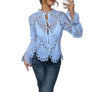 LCDIUDIU Transparente, Sexy Damenbluse Aus Spitze, Einfarbig, Rundhalsausschnitt, Crop Top mit Lochspitze Im Y2K Stil, Lange Ärmel, Geknöpft, Lässig Schlank, Elegant, für Partys, Clubs Und Karne