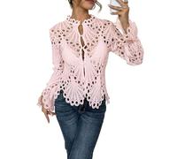 LCDIUDIU Transparente, Sexy Damenbluse Aus Spitze, Einfarbig, Rundhalsausschnitt, Crop Top mit Lochspitze Im Y2K Stil, Lange Ärmel, Geknöpft, Cardigan T Shirt, Lässig, Figurbetont, Elegant, für