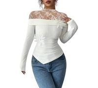 LCDIUDIU Weiße Damenbluse mit Carmen Ausschnitt, Stehkragen, Transparentem Spitzen Mesh Patchwork Top mit 3D Blumen, Elegantem Tunika T Shirt, Geripptem, Tailliertem Langarmshirt für Dates, Größ
