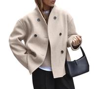 LCDIUDIU Women'S Double Breasted Stand Collar Woolen Coats, Khaki Long Sleeves Collarless Suit Jacket Fall Winter Casual Loose Warm Wool Blend Transition Overcoat Khaki M