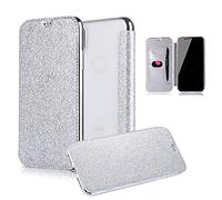 LCHDA Bling Paillettes Placage Étui pour iPhone XR,Brillant Portefeuille Flip Folio en Cuir PU Étincelant Housse Doux Claire de TPU Coque de Protection pour iPhone XR-Argent