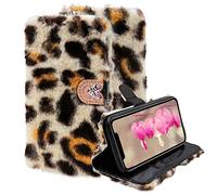 LCHDA Coque à Rabat pour Samsung Galaxy Note 20 6,7 Pouces, Moelleux Fausse Fourrure de Lapin Douce Peluche Chaude Bling Paillettes Étui en Cuir PU Portefeuille Housse de Protection - Léopard Beige