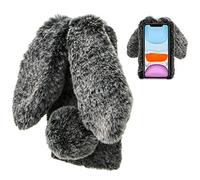LCHDA Coque Lapin pour iPhone 13 6,1 Pouces, Mignon Peluche Faux Fourrure Oreille Souple Poilu Doux Silicone TPU Pare-Chocs Anti-Choc Anti Poussiere Incassable Housse Étui de Protection - Noir