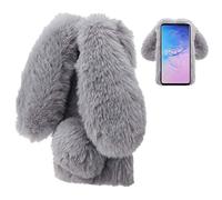 LCHDA Coque Lapin pour iPhone 14 6,1 Pouces, Mignon Peluche Faux Fourrure Oreille Souple Poilu Doux Silicone TPU Pare-Chocs Anti-Choc Anti Poussiere Incassable Housse Étui de Protection - Gris
