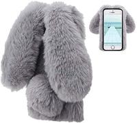 LCHDA Coque Lapin pour iPhone SE 2e Génération 2020/iPhone 8/iPhone 7(4.7"), Mignon Peluche Artificielle Fourrure Souple Poilu Doux Silicone TPU Bumper Anti-Choc Housse Étui de Protection - Gris