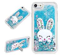 LCHDA Coque pour iPhone 6 6S Oreille Lapin avec Liquide Paillette Bleu Brillant Flottant Sable Mouvant Bling Mignon 3D Rabbit Bunny Support Stand Crystal Silicone Housse Etui Case pour Femme Fille