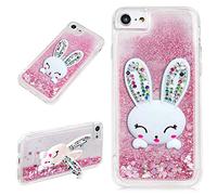LCHDA Coque pour Samsung Galaxy S7 Oreille Lapin avec Liquide Paillette Rose Brillant Flottant Sable Mouvant Bling Mignon 3D Rabbit Bunny Support Stand Crystal Silicone Housse Etui Case Femme Fille
