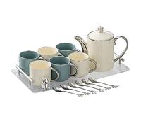 LCHJX Ensemble de thé, Tasse à Eau en céramique ménage et Bouilloire, Tasse d'accueil du Salon, Ensemble de thé l'après-midi avec Plateau de Rangement et cuillère (Un 1pot + 4cups (Plateau carré))