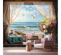 LCHMQ Fresque Murale Papier PeintGoélands MarinsTrompe l'oeil MuralVase de Fleurs Sauvages VintageAdhésif Pour Chambre Papier Peint Nature 350x240cm