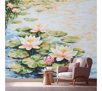 LCHMQ Fresque Murale Papier PeintLe style MonetTrompe l'oeil MuralNénuphars à l'encreAdhésif Pour Chambre Papier Peint Nature 350x240cm