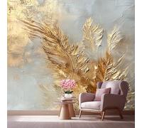 LCHMQ Fresque Murale Papier PeintLuxe Plume DoréeTrompe l'oeil MuralAbstrait Herbe PampasAdhésif Pour Chambre Papier Peint Nature 350x240cm