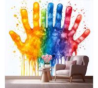 LCHMQ Fresque Murale Papier PeintMain Arc-en-ciel AquarelleTrompe l'oeil MuralÉclaboussure Peinture ColoréeAdhésif Pour Chambre Papier Peint Nature 350x240cm