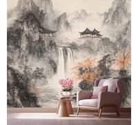 LCHMQ Fresque Murale Papier PeintOriental Chutes AutomneTrompe l'oeil MuralPeinture Encre Vue TempleAdhésif Pour Chambre Papier Peint Nature 350x240cm