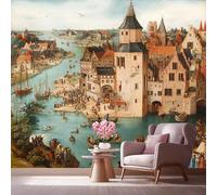 LCHMQ Fresque Murale Papier PeintPeinture Vintage Port MédiévalTrompe l'oeil MuralStyle Classique Vieille Ville PortAdhésif Pour Chambre Papier Peint Nature 350x240cm
